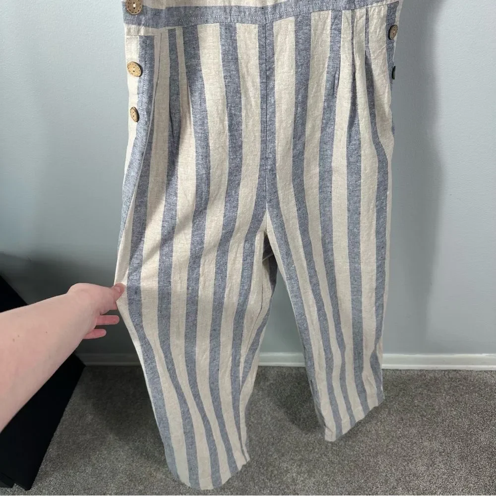 Altar'd State Cream and Blue Sleeveless Striped Linen-Blend Jumpsuit Size Medium